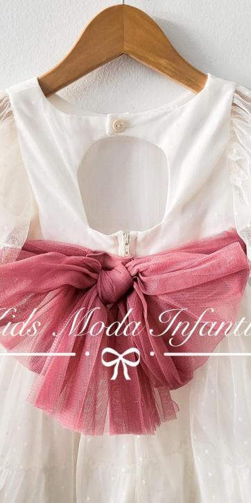 Vestido niña vestir ceremonia de tul plumeti y rosa fuerte de Nekenia [5]