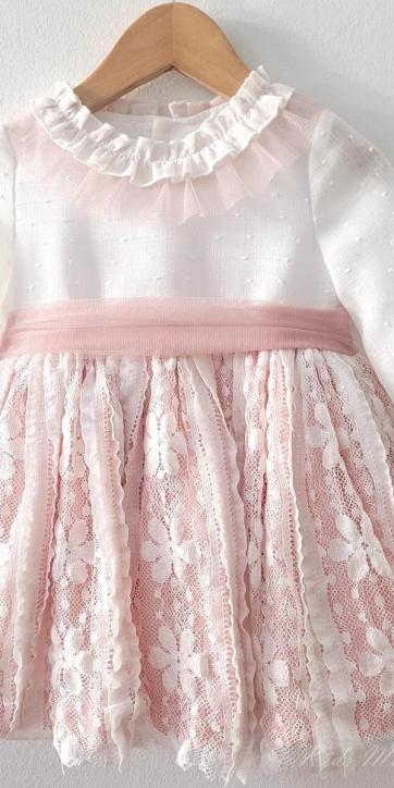 Vestido ceremonia niña media manga blanco con fajín tul rosa empolvado Kids Moda Infantil