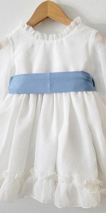 Vestido arras niña plumeti cristal con fajín lino azul Eva Martinez Artesanía 32111 [5]