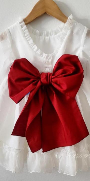 Vestido arras niña plumeti cristal con fajín burdeos Eva Martinez Artesanía 32111 [3]