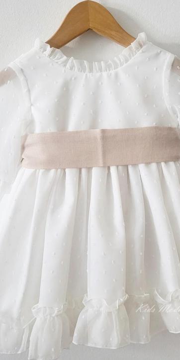 Vestido arras niña plumeti cristal con fajín lino camel Eva Martinez Artesanía 32111 [6]