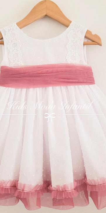 Vestido niña vestir arras de plumeti blanco con tul rosa fuerte Eva Martínez Artesanía [2]