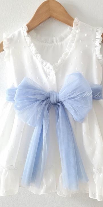 Vestido ceremonia niña plumeti cristal con fajín tul azul Eva Martínez Artesanía [4]