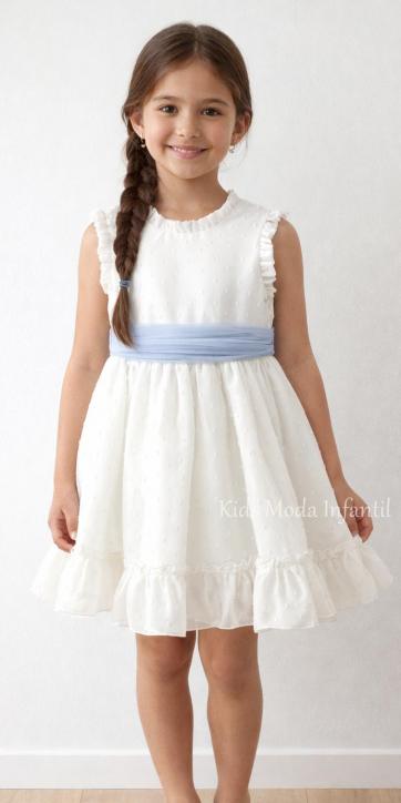 Vestido ceremonia niña plumeti cristal con fajín tul azul Eva Martínez Artesanía [2]