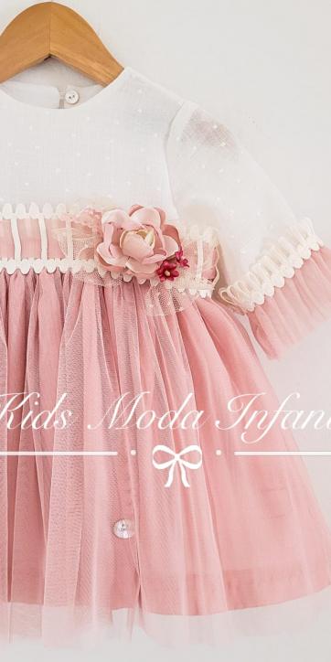 Vestido niña vestir ceremonia lino beige y falda de rosa empolvado Basmarti 