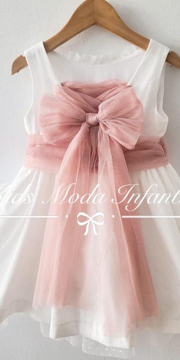 Vestido niña ceremonia de tul blanco roto y fajín rosa empolvado Coco Acqua [4]