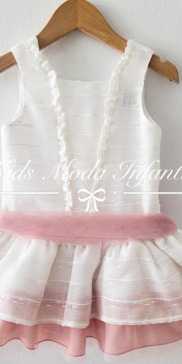 Vestido niña arras talle bajo blanco con fajín tul rosa empolvado Basmartí [5]