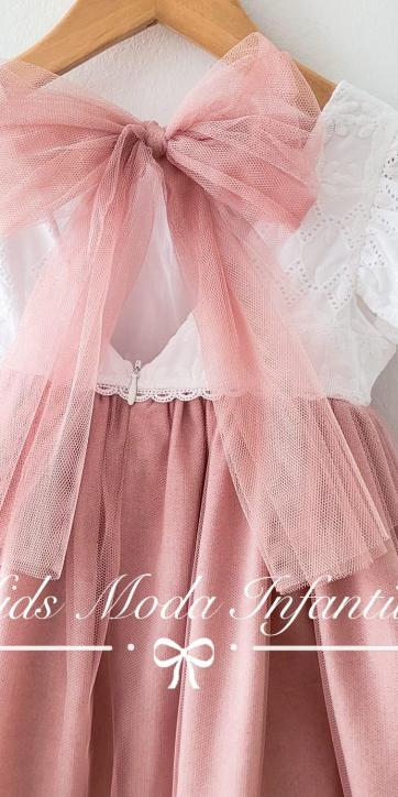 Vestido niña ceremonia de cuerpo bordado blanco y falda de tul rosa empolvado Coco Acqua [2]