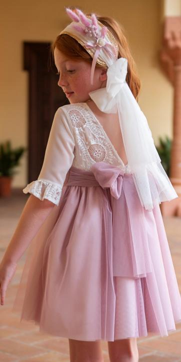 Vestido niña ceremonia media manga tul rosa lina Eva Martínez Artesanía