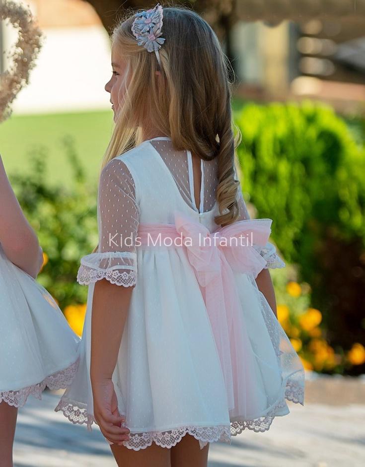 Vestido niña vestir ceremonia blanco con fajín Eva Martínez Artesanía