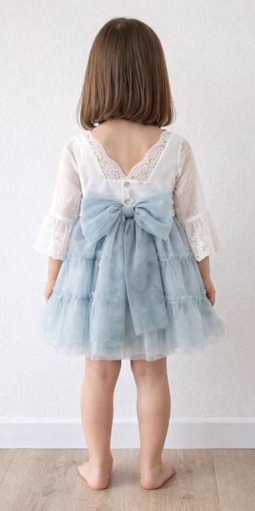 Vestido ceremonia niña media manga lino blanco y tul verde agua Basmarti 25252 [2]