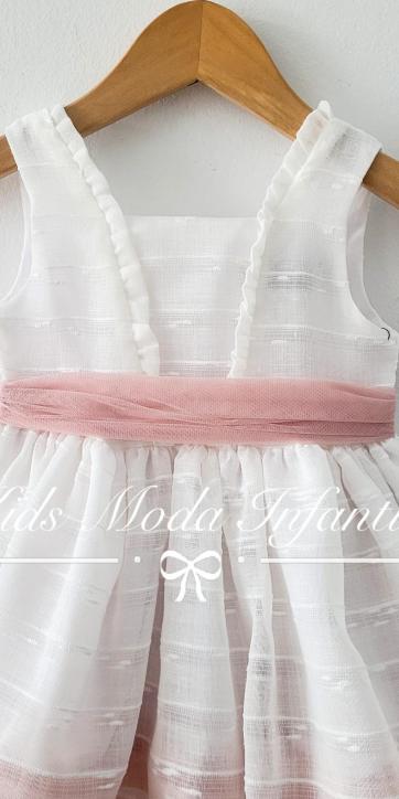 Vestido arras niña blanco con fajín tul rosa empolvado Basmartí [4]