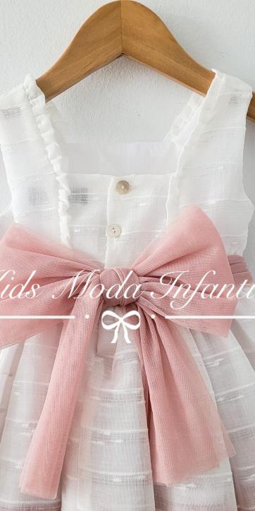 Vestido arras niña blanco con fajín tul rosa empolvado Basmartí [3]