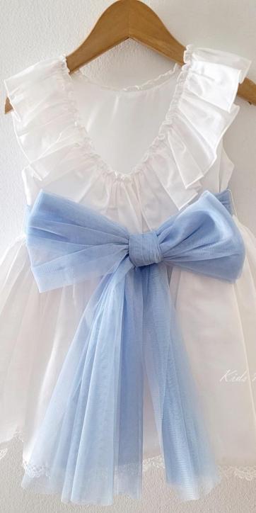 Vestido ceremonia niña blanco con fajín azul de Eva Martínez Artesanía 38312CBG [1]