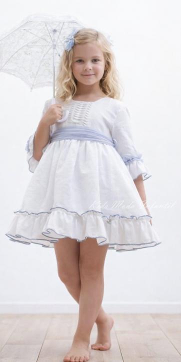 Vestido ceremonia niña blanco con fajin tul azul empolvado Nekenia 2521804 [1]
