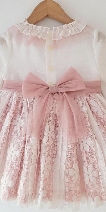 Vestido ceremonia niña media manga blanco con fajín tul rosa empolvado Kids Moda Infantil [5]