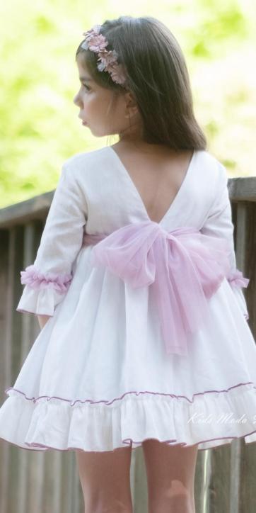 Vestido ceremonia niña blanco con fajín tul rosa empolvado Nekenia 2521804 [1]