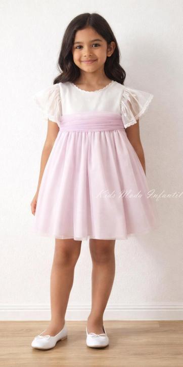 Vestido ceremonia niña blanco manga murciélago con fajín lila de Eva Martínez Artesanía 38112CBG [2]