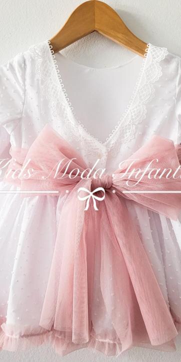 Vestido niña arras y ceremonia de media manga plumeti blanco con fajín tul rosa empolvado Eva Martínez Artesanía [5]