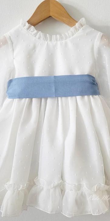 Vestido arras niña plumeti cristal con fajín lino azul Eva Martinez Artesanía 32111 [1]