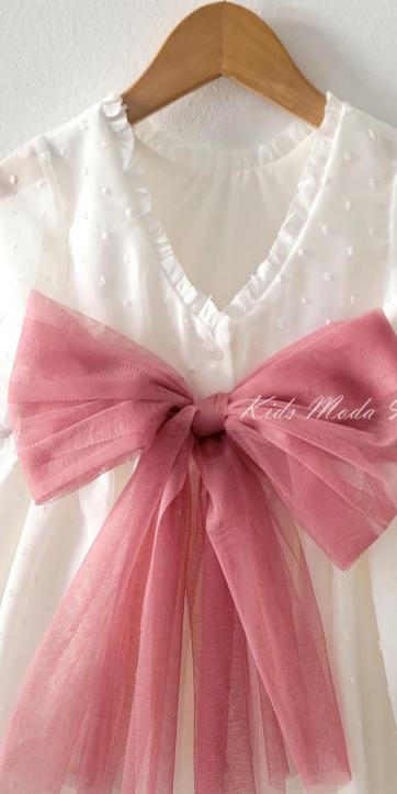 Vestido ceremonia niña plumeti cristal con fajín rosa fuerte Eva Martinez Artesanía [4]