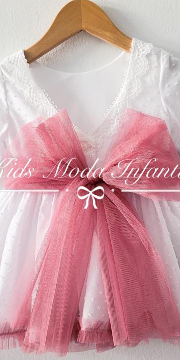 Vestido niña arras y ceremonia de media manga plumeti blanco con fajín tul rosa fuerte Eva Martínez Artesanía [1]