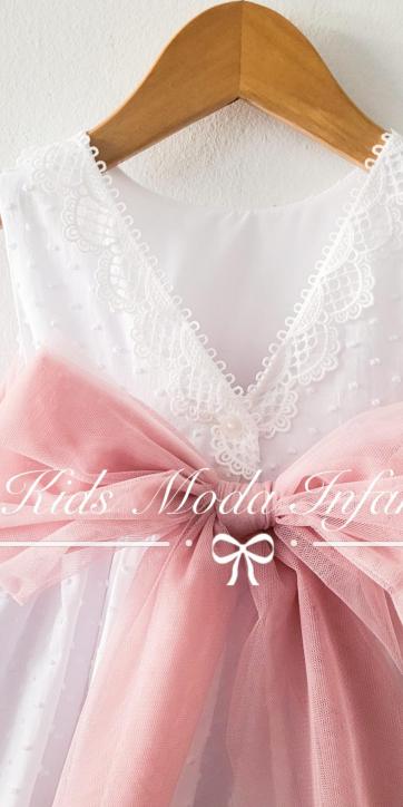 Vestido niña arras y ceremonia de plumeti blanco con fajín tul rosa empolvado Eva Martínez Artesanía [2]