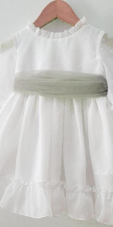 Vestido ceremonia niña plumeti cristal con fajín verde oliva Eva Martínez Artesanía 32111 [6]