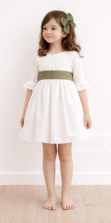 Vestido arras niña rustico con fajín lino verde oliva Eva Martinez Artesanía 40412