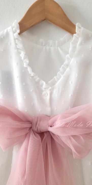 Vestido ceremonia niña plumeti cristal con fajín tul rosa empolvado Eva Martínez Artesanía [4]