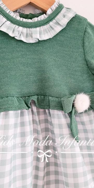 Vestido bebe niña de punto verde y falda cuadros vichy de Cuka [5]