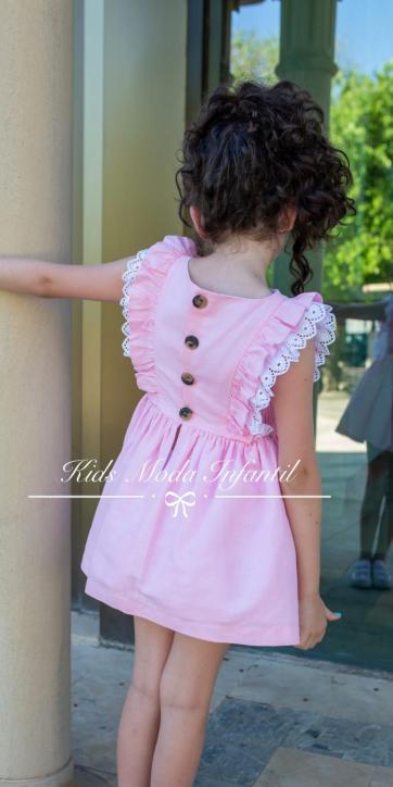 Vestido de niña lino rosa volantes laterales Nekenia [2]