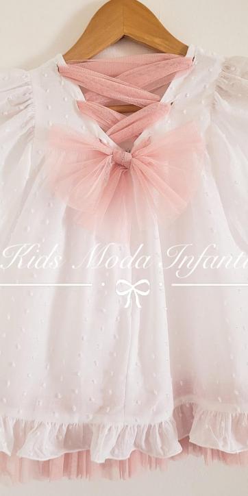 Vestido niña arras evase plumeti blanco y tul rosa empolvado Basmartí [1]