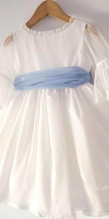 Vestido ceremonia niña tul topo con fajín azul Coco Acqua Ceremonia 60444
