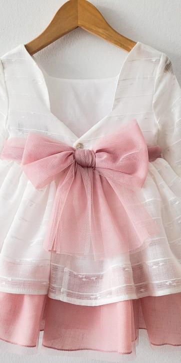 Vestido arras niña media manga blanco con fajín tul rosa empolvado Basmartí [1]