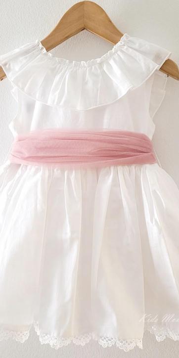 Vestido ceremonia niña blanco con fajín rosa empolvado de Eva Martínez Artesanía 38312CBG [5]