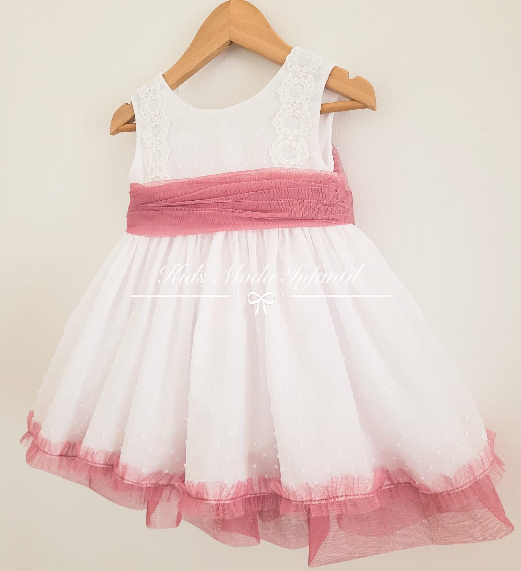 Vestido niña vestir arras de plumeti blanco con tul rosa fuerte Eva Martínez Artesanía