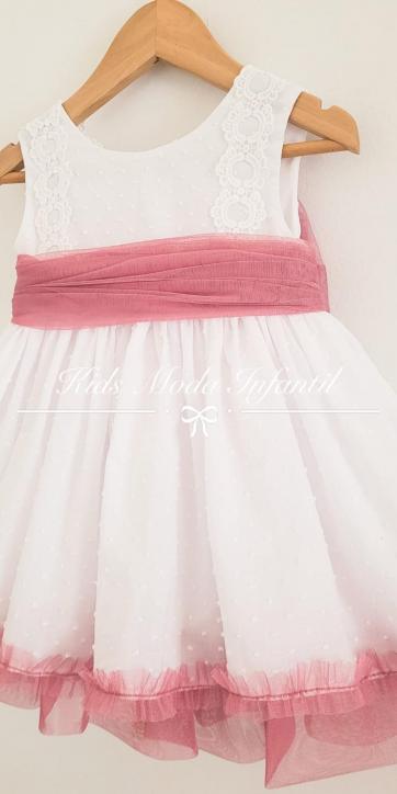 Vestido niña vestir arras de plumeti blanco con tul rosa fuerte Eva Martínez Artesanía [0]