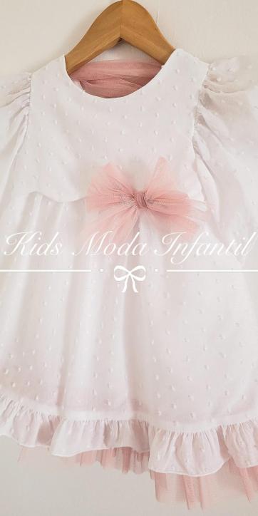 Vestido niña arras evase plumeti blanco y tul rosa empolvado Basmartí [4]