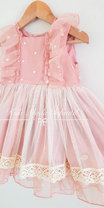 Vestido niña arras sin mangas seda bordada rosa empolvado Basmarti  [0]