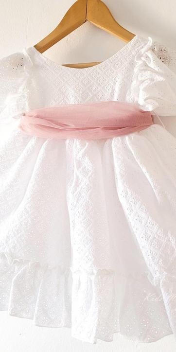 Vestido ceremonia niña blanco bordado con fajín tul rosa empolvado Nekenia 2521802 Personalizable [6]