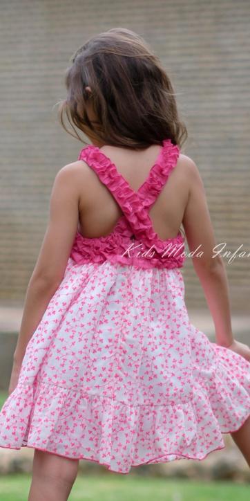 Vestido niña vestir rosa fluor de tirantas con volantes Vera Moda Infantil