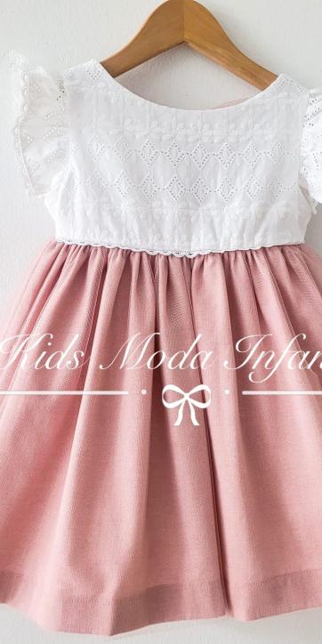 Vestido niña ceremonia de cuerpo bordado blanco y falda de tul rosa empolvado Coco Acqua [5]