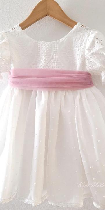 Vestido ceremonia niña blanco con fajín rosa lila Eva Martínez Artesanía 38911CBG