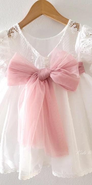 Vestido ceremonia niña blanco con fajín rosa empolvado Eva Martínez Artesanía 38911CBG [1]