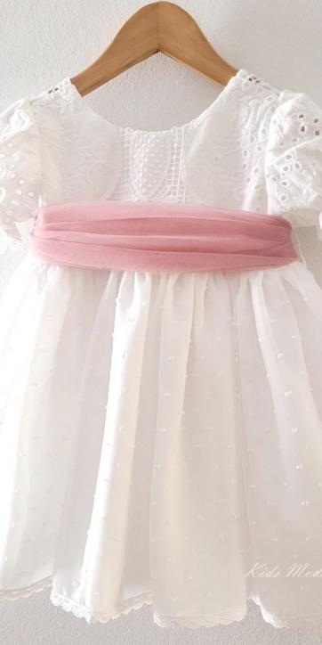 Vestido ceremonia niña blanco con fajín rosa empolvado Eva Martínez Artesanía 38911CBG [2]