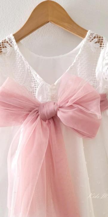 Vestido ceremonia niña blanco con fajín rosa empolvado Eva Martínez Artesanía 38911CBG [3]