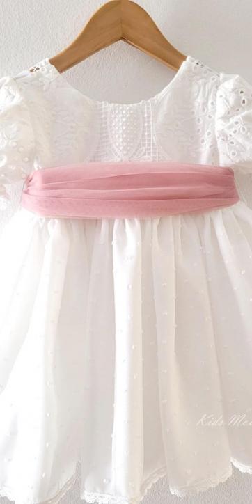 Vestido ceremonia niña blanco con fajín rosa empolvado Eva Martínez Artesanía 38911CBG
