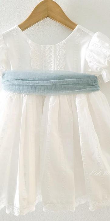 Vestido ceremonia niña blanco con fajín verde empolvado Eva Martínez Artesanía 381011CBG [4]