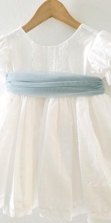 Vestido ceremonia niña blanco con fajín verde empolvado Eva Martínez Artesanía 381011CBG [6]